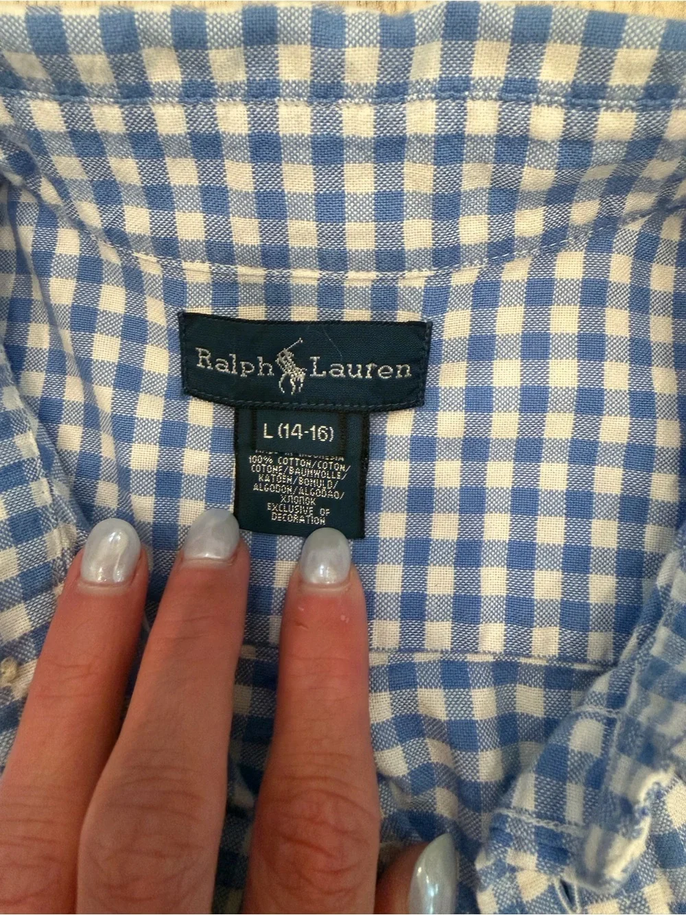 Ralph Lauren Blue White Gingham Cotton Button Down Shirt L 14-16